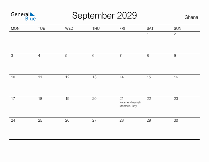 Printable September 2029 Calendar for Ghana