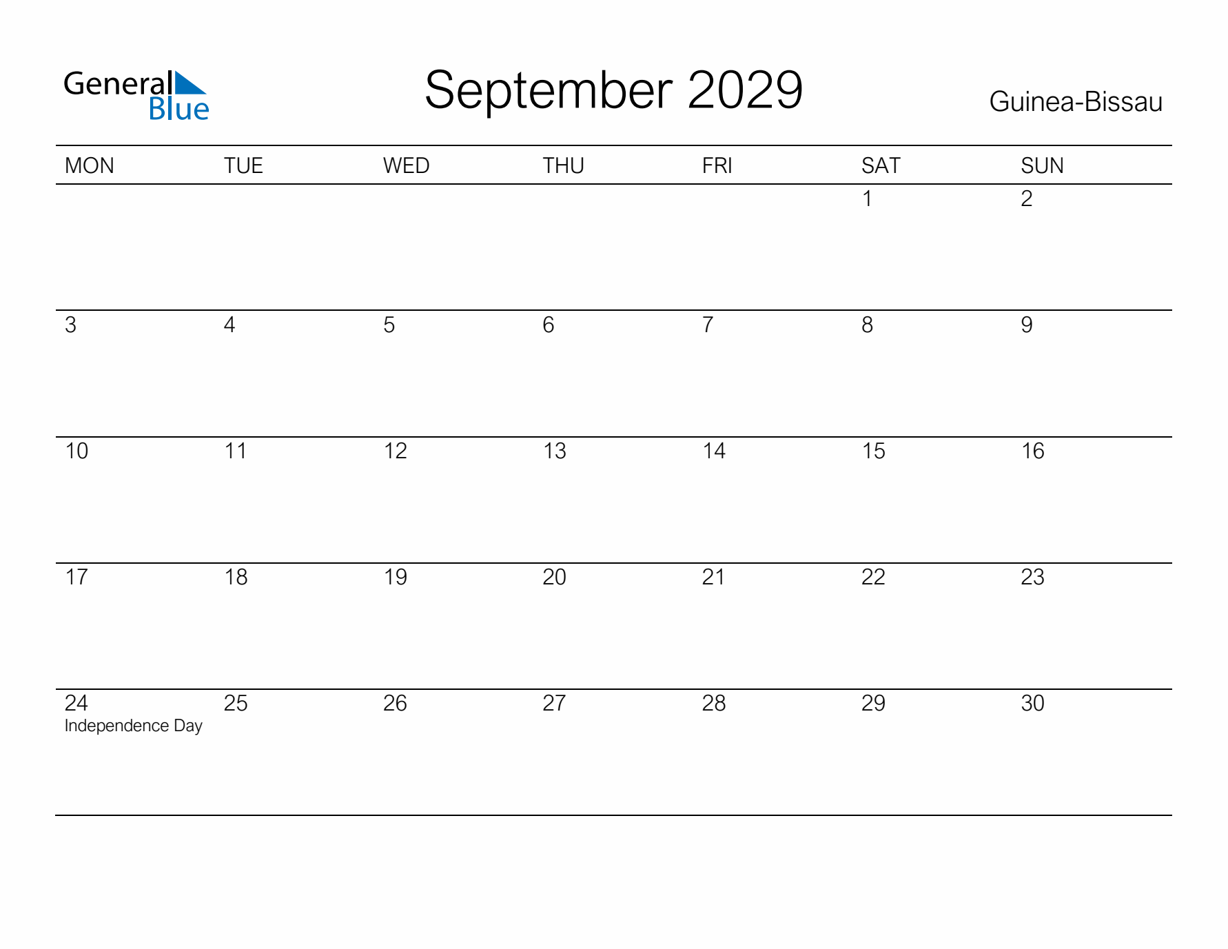 Printable September 2029 Calendar for Guinea-Bissau