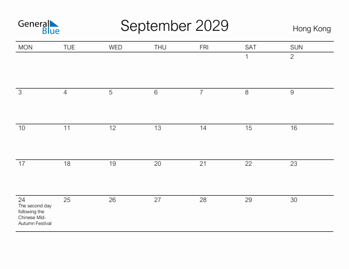 Printable September 2029 Calendar for Hong Kong