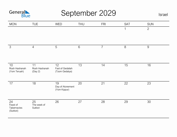 Printable September 2029 Calendar for Israel