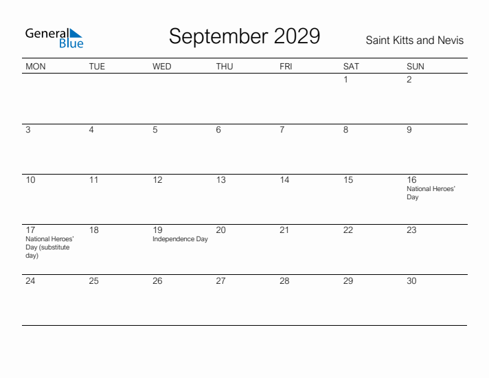 Printable September 2029 Calendar for Saint Kitts and Nevis