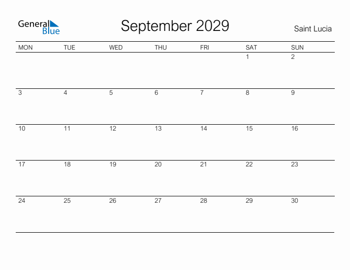 Printable September 2029 Calendar for Saint Lucia