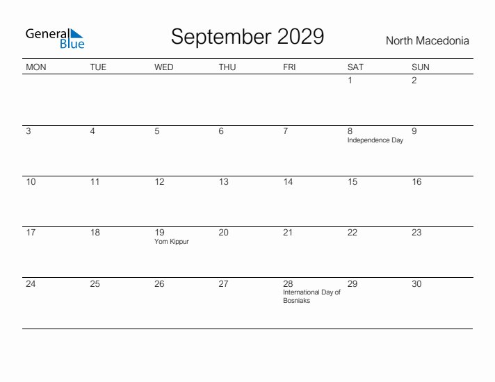 Printable September 2029 Calendar for North Macedonia