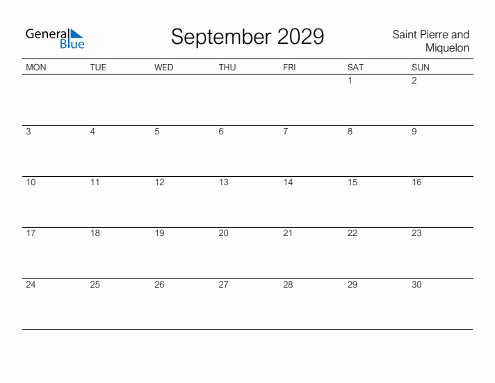 Printable September 2029 Calendar for Saint Pierre and Miquelon