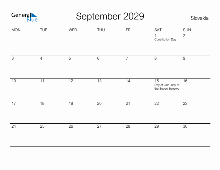 Printable September 2029 Calendar for Slovakia