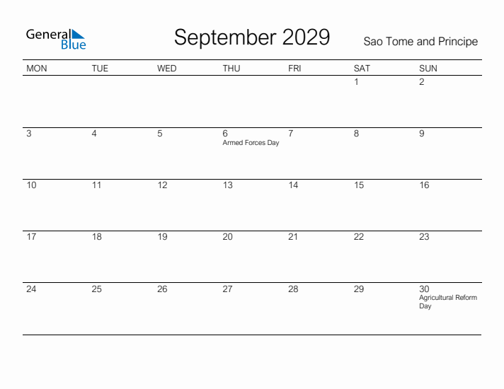 Printable September 2029 Calendar for Sao Tome and Principe