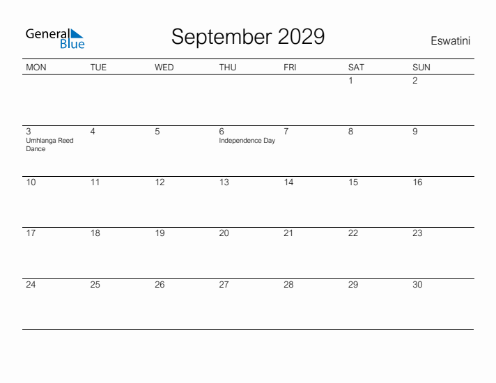Printable September 2029 Calendar for Eswatini