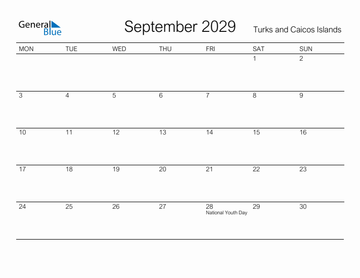Printable September 2029 Calendar for Turks and Caicos Islands