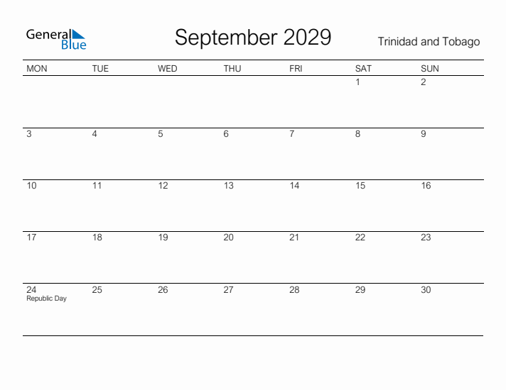 Printable September 2029 Calendar for Trinidad and Tobago