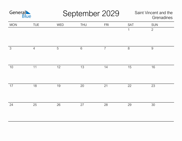 Printable September 2029 Calendar for Saint Vincent and the Grenadines