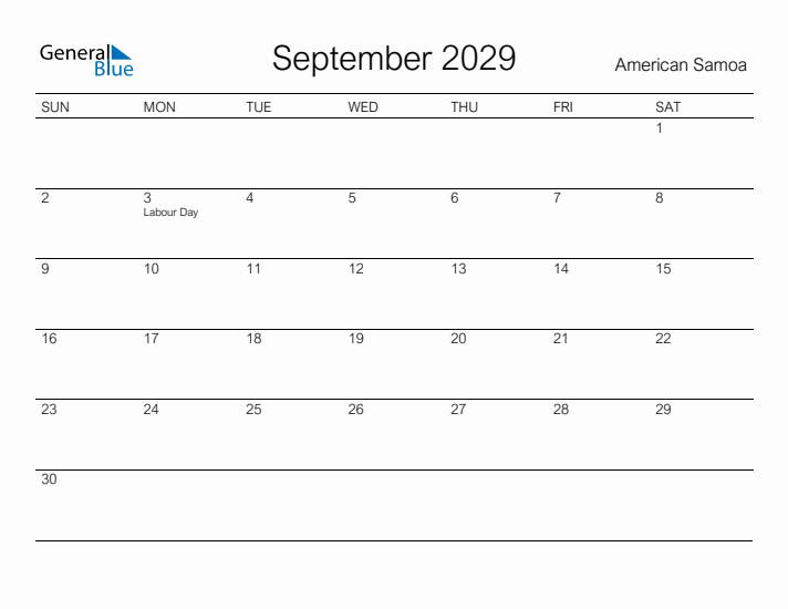 Printable September 2029 Calendar for American Samoa