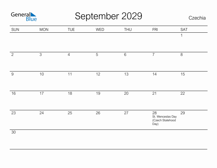 Printable September 2029 Calendar for Czechia
