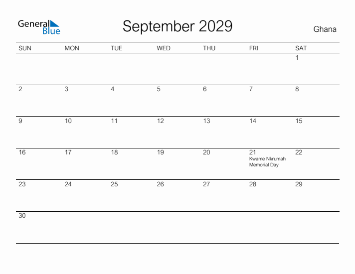 Printable September 2029 Calendar for Ghana