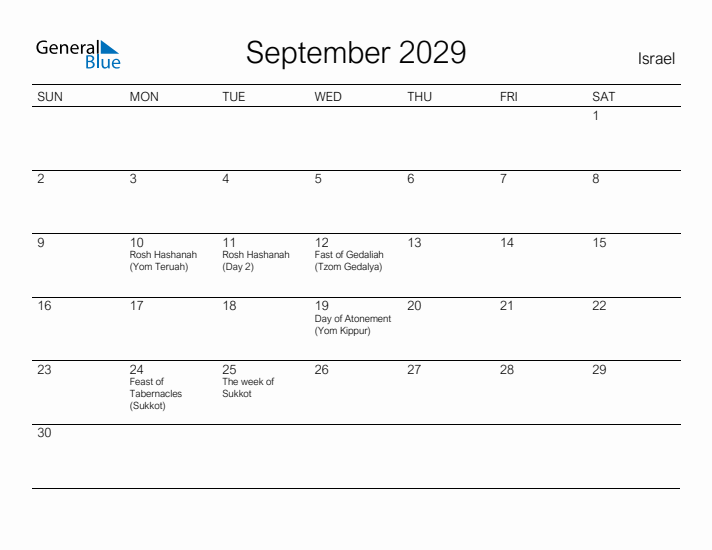Printable September 2029 Calendar for Israel