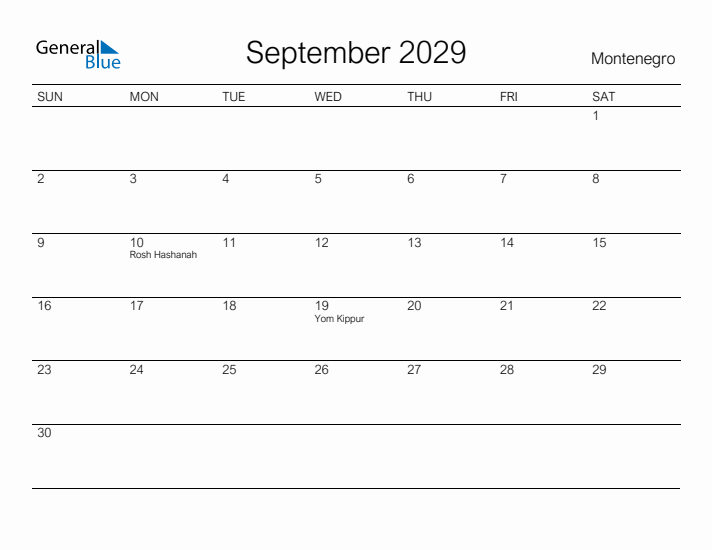 Printable September 2029 Calendar for Montenegro