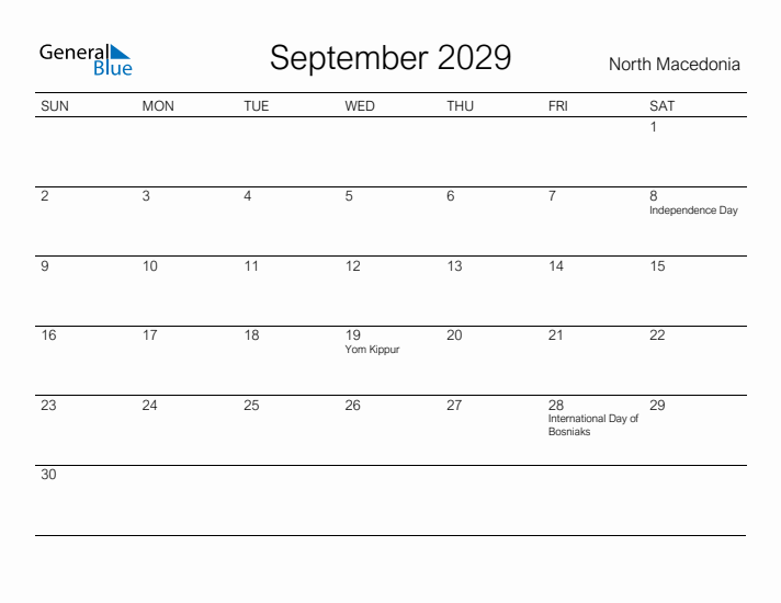 Printable September 2029 Calendar for North Macedonia