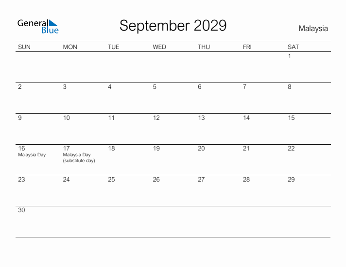 Printable September 2029 Calendar for Malaysia