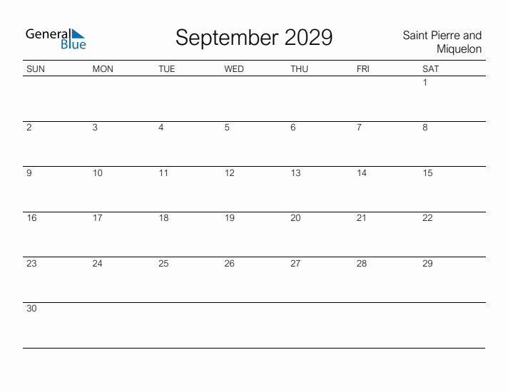 Printable September 2029 Calendar for Saint Pierre and Miquelon