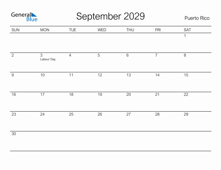 Printable September 2029 Calendar for Puerto Rico