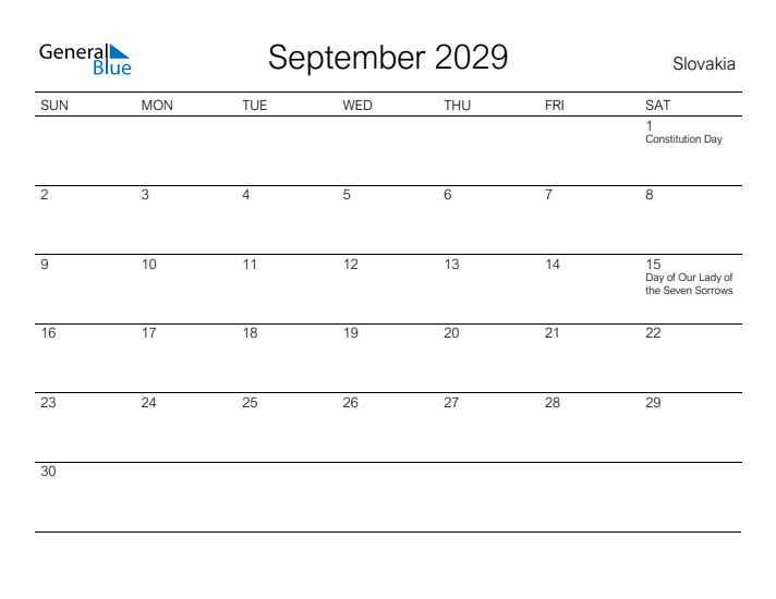 Printable September 2029 Calendar for Slovakia