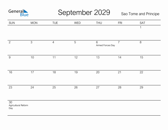 Printable September 2029 Calendar for Sao Tome and Principe
