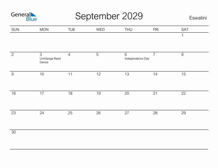 Printable September 2029 Calendar for Eswatini