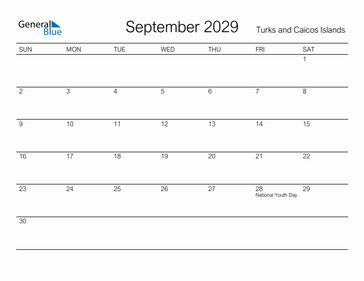 Printable September 2029 Calendar for Turks and Caicos Islands