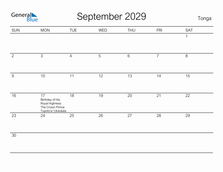 Printable September 2029 Calendar for Tonga
