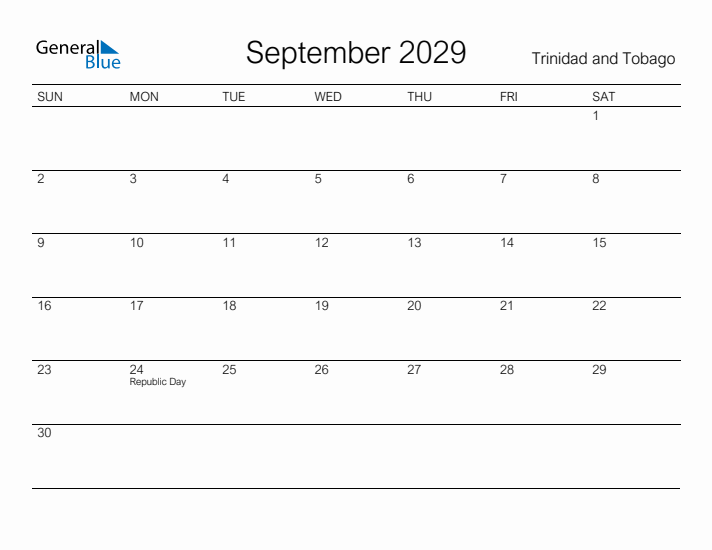 Printable September 2029 Calendar for Trinidad and Tobago