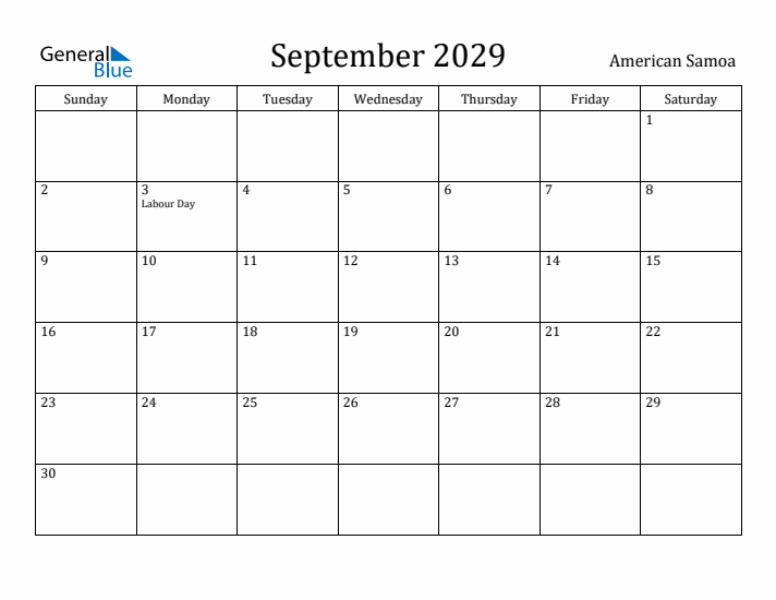 September 2029 Calendar American Samoa