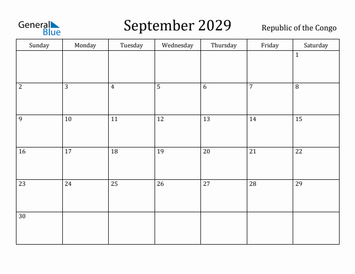 September 2029 Calendar Republic of the Congo