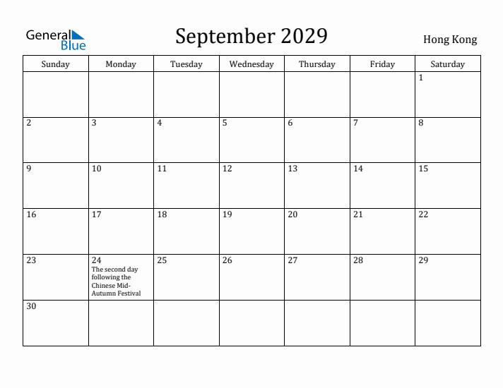 September 2029 Calendar Hong Kong