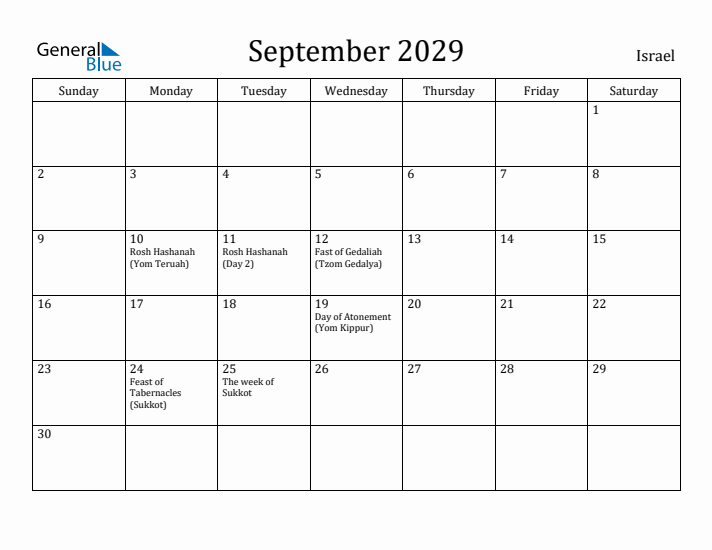September 2029 Calendar Israel