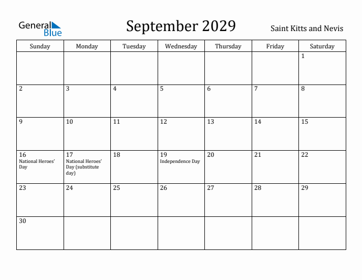 September 2029 Calendar Saint Kitts and Nevis