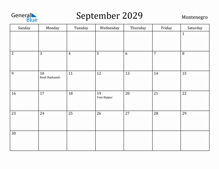 September 2029 Calendar Montenegro