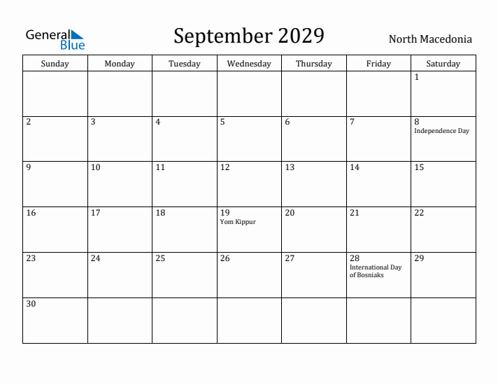September 2029 Calendar North Macedonia