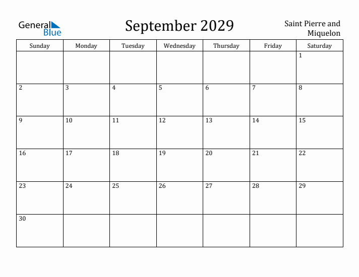 September 2029 Calendar Saint Pierre and Miquelon