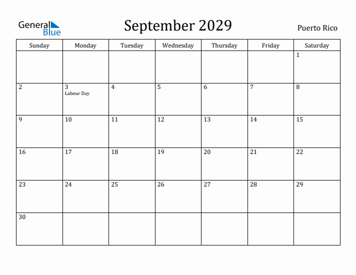 September 2029 Calendar Puerto Rico