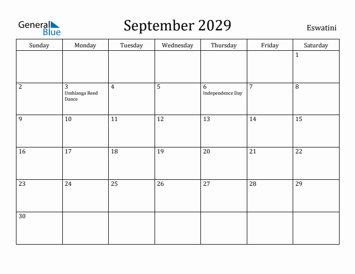 September 2029 Calendar Eswatini