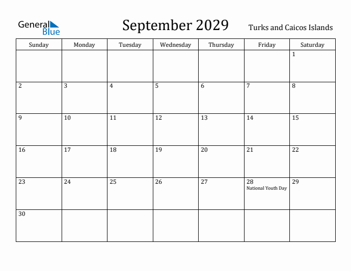September 2029 Calendar Turks and Caicos Islands