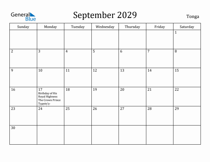 September 2029 Calendar Tonga