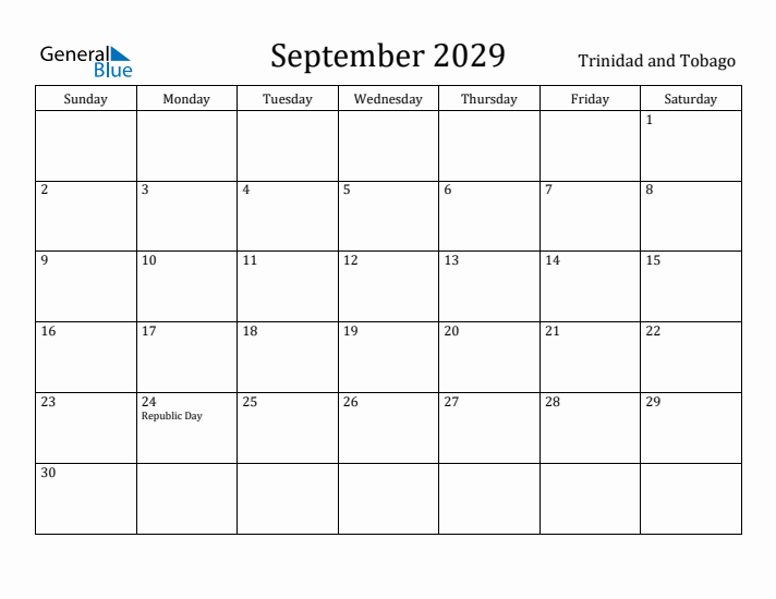 September 2029 Calendar Trinidad and Tobago