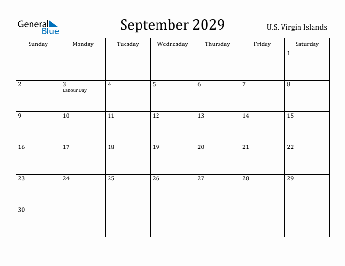 September 2029 Calendar U.S. Virgin Islands