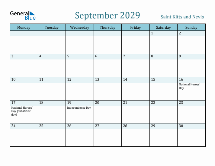 September 2029 Calendar with Holidays