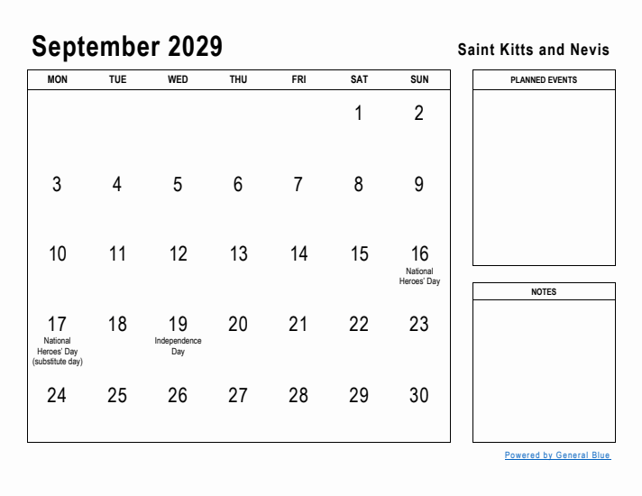 September 2029 Printable Monthly Calendar with Saint Kitts and Nevis Holidays