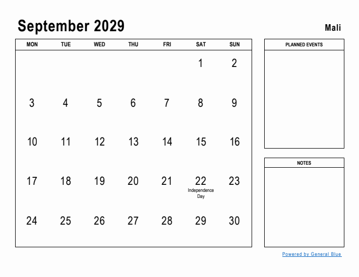 September 2029 Printable Monthly Calendar with Mali Holidays