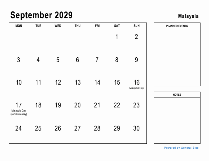 September 2029 Printable Monthly Calendar with Malaysia Holidays