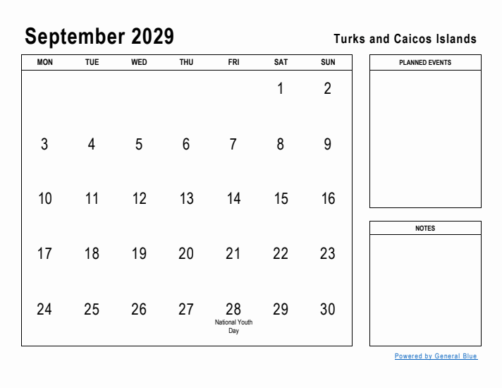 September 2029 Printable Monthly Calendar with Turks and Caicos Islands Holidays
