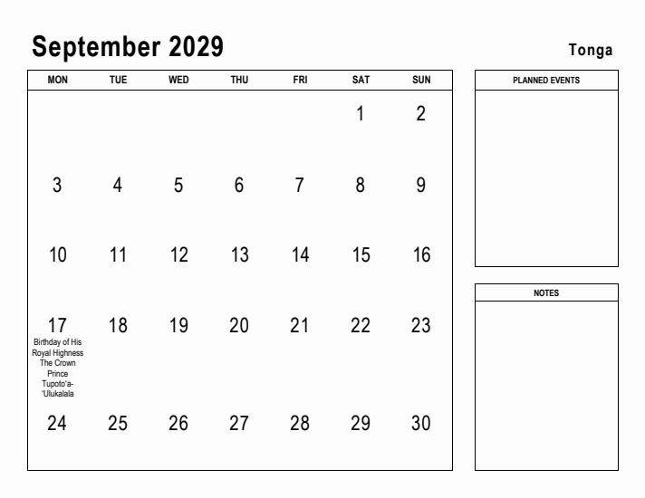 September 2029 Printable Monthly Calendar with Tonga Holidays