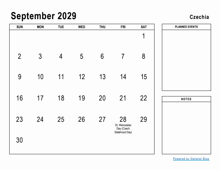September 2029 Printable Monthly Calendar with Czechia Holidays